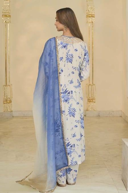 Arpita Mehta Bloom Print Kurta & Pant With Ombre Dupatta 