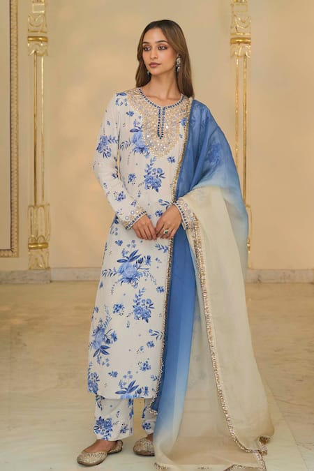 Arpita Mehta Bloom Print Kurta & Pant With Ombre Dupatta 