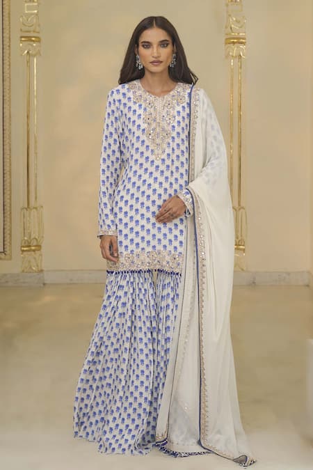 Arpita Mehta_Blue Crepe, Georgette Embroidery, Bloom Butti Print Kurta, Gharara And Dupatta Set _Online_at_Aza_Fashions
