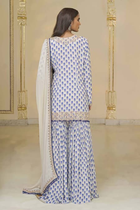 Buy_Arpita Mehta_Blue Crepe, Georgette Embroidery, Bloom Butti Print Kurta, Gharara And Dupatta Set _Online_at_Aza_Fashions
