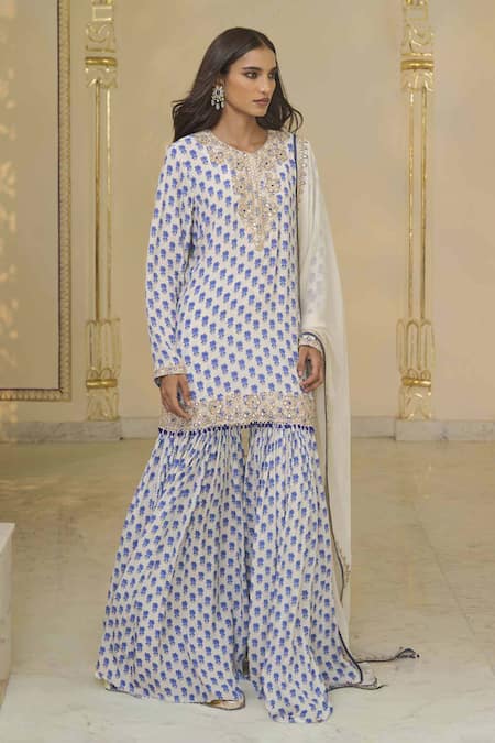 Shop_Arpita Mehta_Blue Crepe, Georgette Embroidery, Bloom Butti Print Kurta, Gharara And Dupatta Set _Online_at_Aza_Fashions