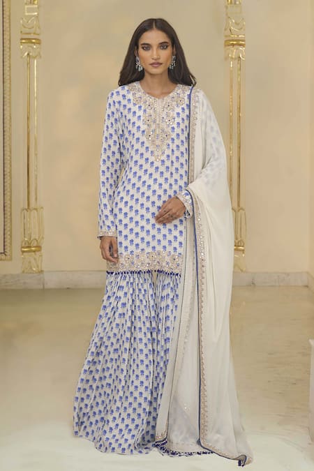 Arpita Mehta_Blue Crepe, Georgette Embroidery, Bloom Butti Print Kurta, Gharara And Dupatta Set _at_Aza_Fashions