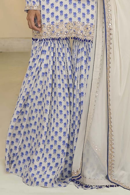 Buy_Arpita Mehta_Blue Crepe, Georgette Embroidery, Bloom Butti Print Kurta, Gharara And Dupatta Set 