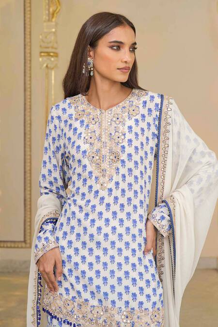 Shop_Arpita Mehta_Blue Crepe, Georgette Embroidery, Bloom Butti Print Kurta, Gharara And Dupatta Set 