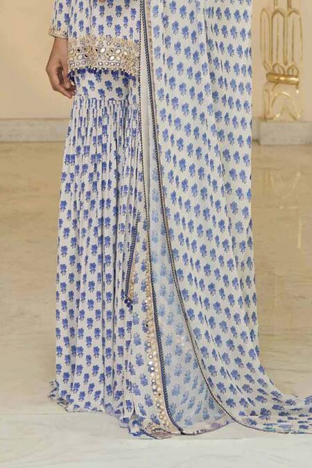 Arpita Mehta_Blue Crepe, Georgette Bloom Butti Print Kurta And Gharara Set With Dupatta _Online_at_Aza_Fashions