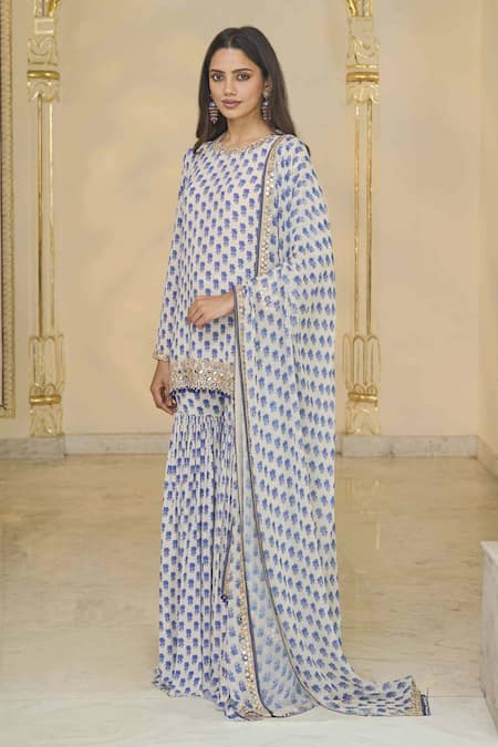Buy_Arpita Mehta_Blue Crepe, Georgette Bloom Butti Print Kurta And Gharara Set With Dupatta _Online_at_Aza_Fashions