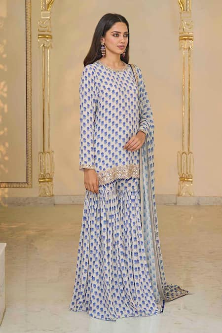 Shop_Arpita Mehta_Blue Crepe, Georgette Bloom Butti Print Kurta And Gharara Set With Dupatta _Online_at_Aza_Fashions