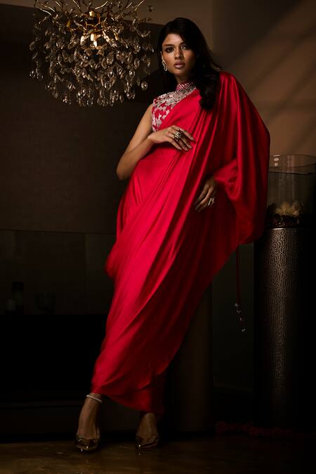 Shop_Babita Malkani_Red Silk , Sequins, Stones Pre-draped Saree With Embroidered Blouse _Online_at_Aza_Fashions