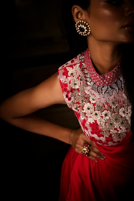 Babita Malkani_Red Silk , Sequins, Stones Pre-draped Saree With Embroidered Blouse _at_Aza_Fashions