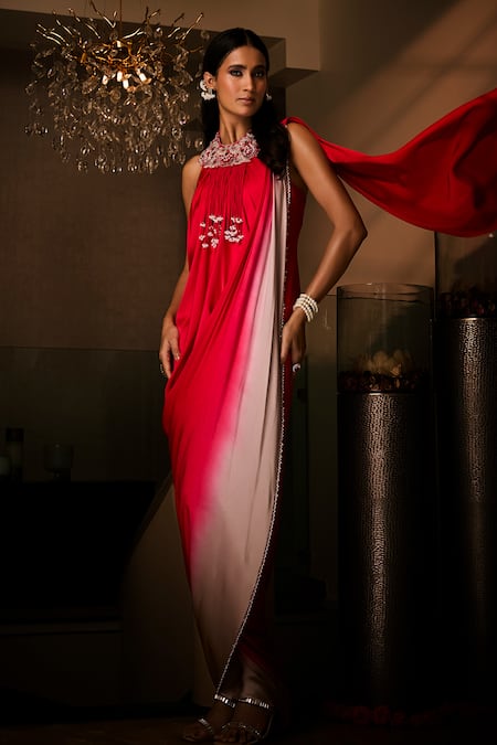 Buy_Babita Malkani_Red Silk Satin Sequins, Stones, Tassels Halter Neck Ombre Cutdana Saree Gown _Online_at_Aza_Fashions