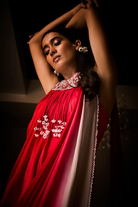 Shop_Babita Malkani_Red Silk Satin Sequins, Stones, Tassels Halter Neck Ombre Cutdana Saree Gown _Online_at_Aza_Fashions