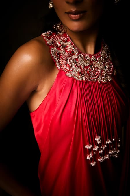 Babita Malkani_Red Silk Satin Sequins, Stones, Tassels Halter Neck Ombre Cutdana Saree Gown _at_Aza_Fashions