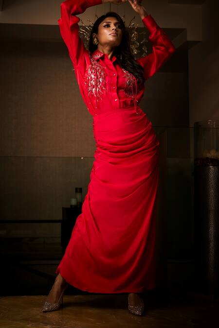 Buy_Babita Malkani_Red Silk Satin, Organza Sequins, Stones, Embroidered Shirt And Cowl Skirt Set _Online_at_Aza_Fashions