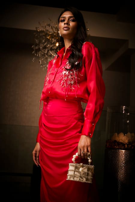 Shop_Babita Malkani_Red Silk Satin, Organza Sequins, Stones, Embroidered Shirt And Cowl Skirt Set _Online_at_Aza_Fashions