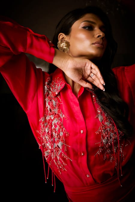 Babita Malkani_Red Silk Satin, Organza Sequins, Stones, Embroidered Shirt And Cowl Skirt Set _at_Aza_Fashions