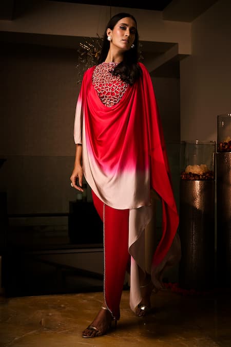 Buy_Babita Malkani_Red Satin Beads, Pearls, Crystals, Ombre Cowl Draped Tunic And Tulip Pant Set _Online_at_Aza_Fashions
