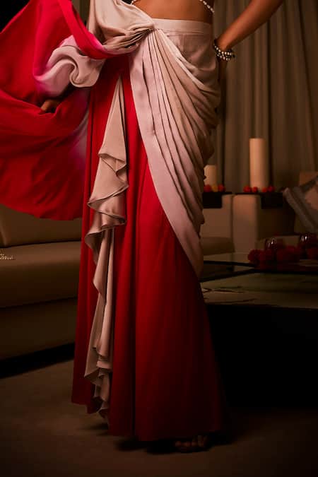 Shop_Babita Malkani_Pink Silk Satin Crystals, Pearls Ombre Pre-draped Saree And Embellished Blouse _Online_at_Aza_Fashions