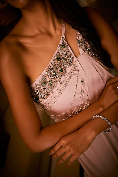 Buy_Babita Malkani_Pink Satin Beads, Pearls, Sequins, Embroidery One Shoulder Ombr And Gown _Online_at_Aza_Fashions