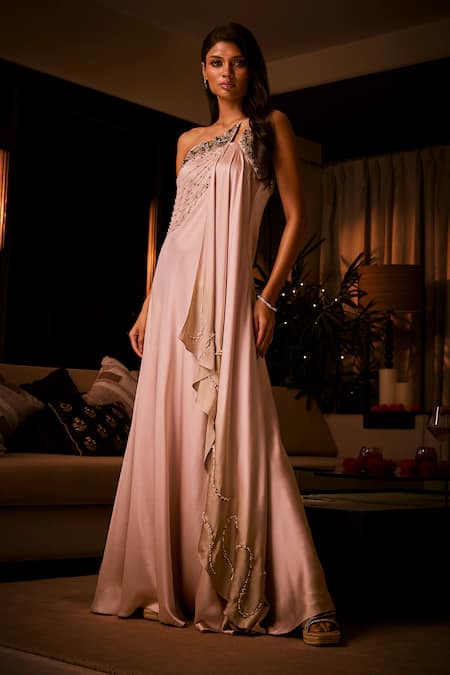 Shop_Babita Malkani_Pink Satin Beads, Pearls, Sequins, Embroidery One Shoulder Ombr And Gown _Online_at_Aza_Fashions