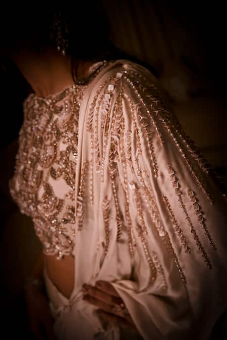 Shop_Babita Malkani_Ivory Silk , Sequins, Tassels, Pre-draped Saree And Embroidered Blouse _Online_at_Aza_Fashions