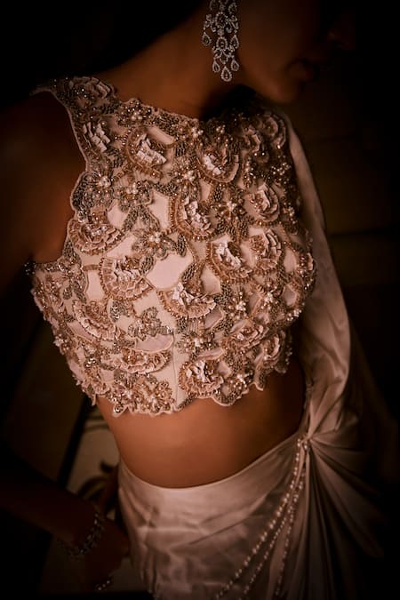 Shop_Babita Malkani_Ivory Silk , Sequins, Tassels, Pre-draped Saree And Embroidered Blouse 