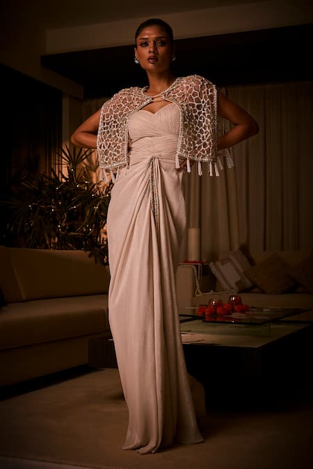 Babita Malkani Draped Dress & Geometric Embellished Cape 