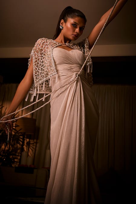 Buy_Babita Malkani_Ivory Beads, Sequins, Tassels Draped Dress And Geometric Embellished Cape _Online_at_Aza_Fashions