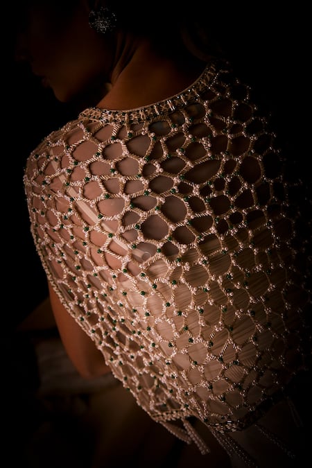 Shop_Babita Malkani_Ivory Beads, Sequins, Tassels Draped Dress And Geometric Embellished Cape _Online_at_Aza_Fashions