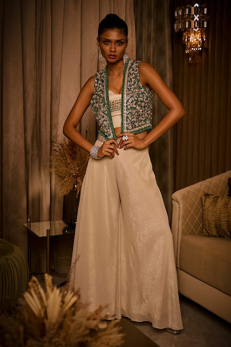 Babita Malkani Crushed Fabric Bustier Jacket & Flared Pant Set 