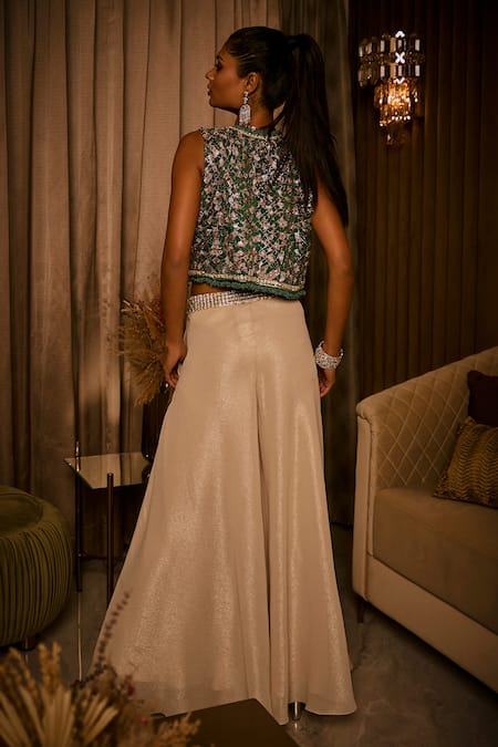 Babita Malkani Crushed Fabric Bustier Jacket & Flared Pant Set 