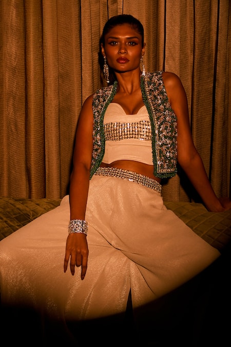 Shop_Babita Malkani_Ivory Satin Crystals, Sequins, Crushed Fabric Bustier Jacket And Flared Pant Set _Online_at_Aza_Fashions