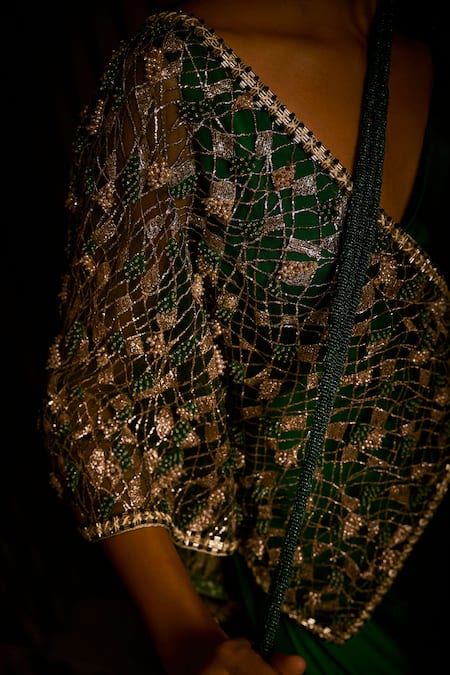 Buy Babita Malkani Emerald Green Satin, Net Crystals, Draped Saree Gown With Embroidered Tulle Cape Online at Aza Fashions Buy_Babita Malkani_Emerald Green Satin, Net Crystals, Draped Saree Gown With Embroidered Tulle Cape _Online_at_Aza_Fashions