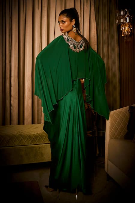 Babita Malkani Cape Drape Crystal & Pearl Embellished Dress 