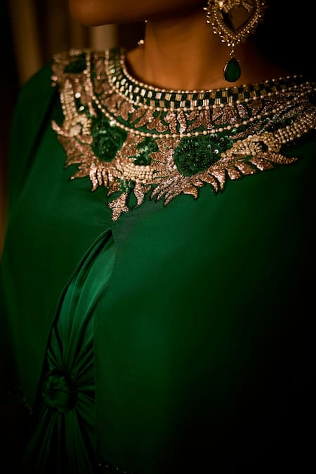 Shop_Babita Malkani_Emerald Green Satin Crystals, Pearls, Sequins Cape Drape And Embellished Dress _Online_at_Aza_Fashions