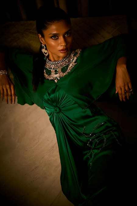 Babita Malkani_Emerald Green Satin Crystals, Pearls, Sequins Cape Drape And Embellished Dress _at_Aza_Fashions