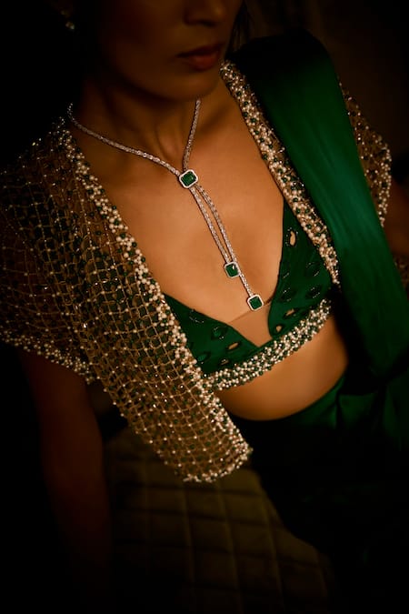 Buy_Babita Malkani_Emerald Green Silk Satin Pearls, Beads And Cutdana Embroidered Cape Saree Set _Online_at_Aza_Fashions