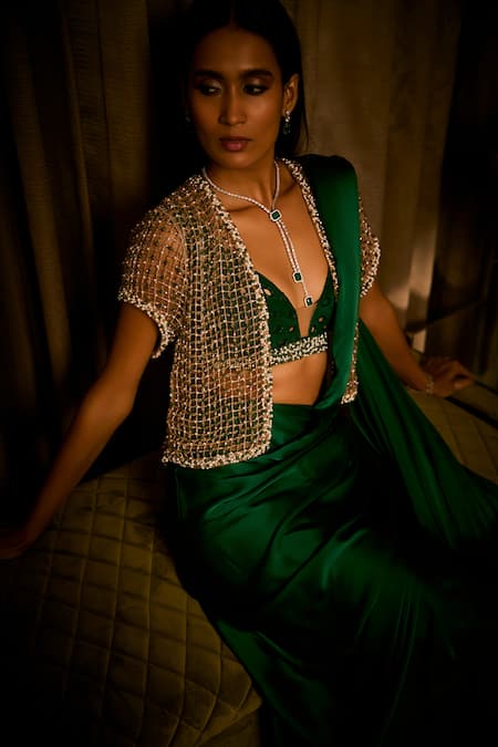Shop_Babita Malkani_Emerald Green Silk Satin Pearls, Beads And Cutdana Embroidered Cape Saree Set _Online_at_Aza_Fashions