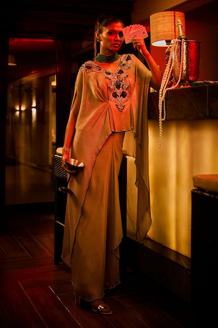 Buy_Babita Malkani_Taupe Beads, Sequins, Crushed Shimmer Embellished Cape Top And Draped Skirt _Online_at_Aza_Fashions