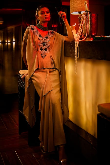 Babita Malkani Crushed Shimmer Embellished Cape Top & Draped Skirt 