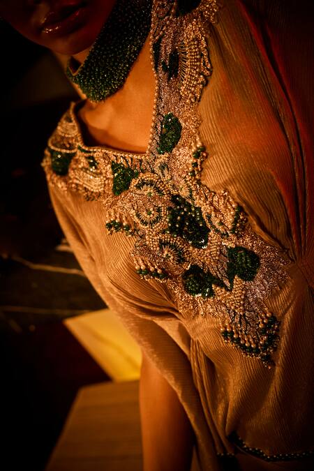 Babita Malkani_Taupe Beads, Sequins, Crushed Shimmer Embellished Cape Top And Draped Skirt _at_Aza_Fashions
