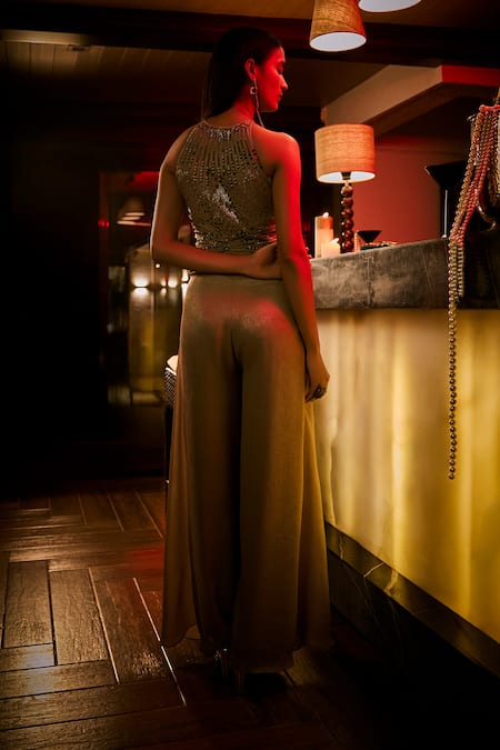 Babita Malkani Crushed Fabric Bead & Sequin Embroidered Jumpsuit 