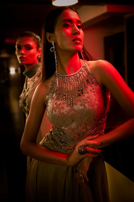 Shop_Babita Malkani_Taupe Beads, Sequins Round Neck Crushed Fabric And Embroidered Jumpsuit _Online_at_Aza_Fashions