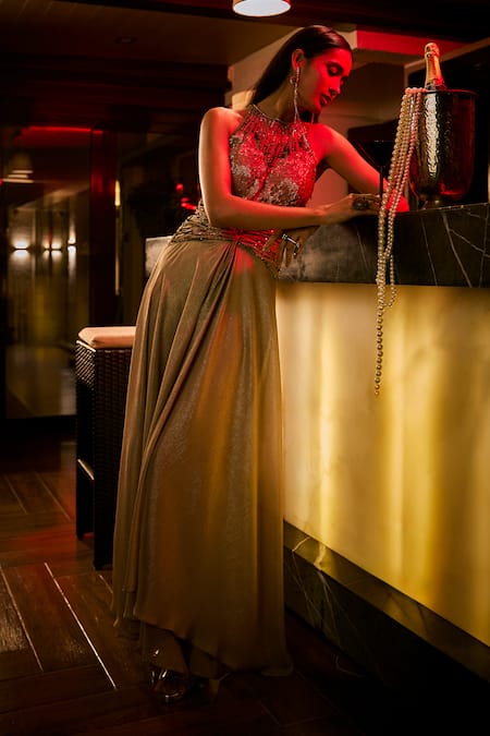 Babita Malkani Crushed Fabric Bead & Sequin Embroidered Jumpsuit 