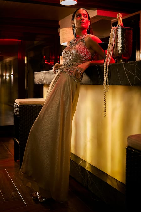 Babita Malkani_Taupe Beads, Sequins Round Neck Crushed Fabric And Embroidered Jumpsuit _at_Aza_Fashions