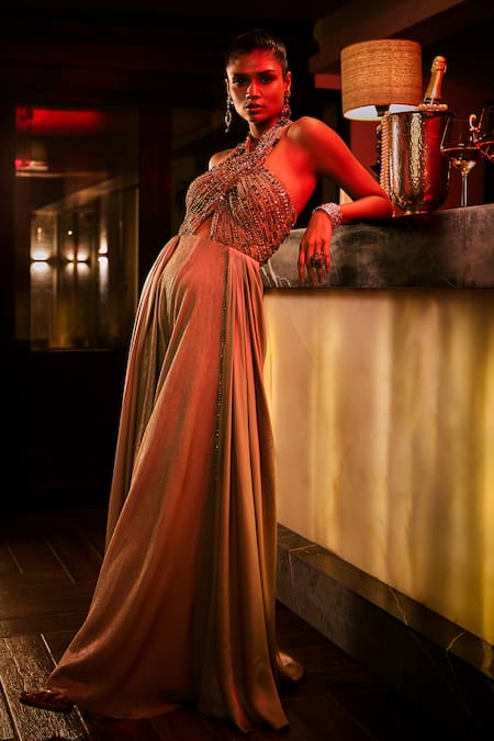 Buy_Babita Malkani_Taupe Satin Beads, Sequins Halter Neck And Embellished Jumpsuit _Online_at_Aza_Fashions