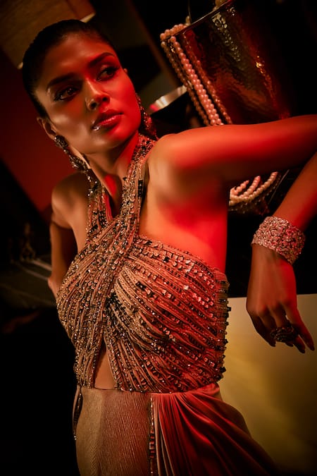 Shop_Babita Malkani_Taupe Satin Beads, Sequins Halter Neck And Embellished Jumpsuit _Online_at_Aza_Fashions