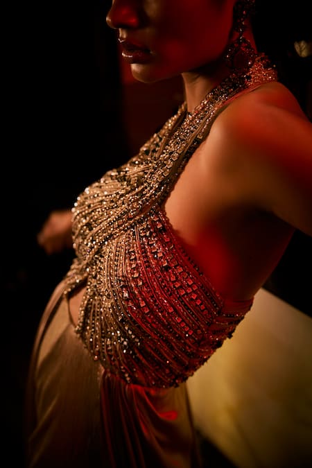 Babita Malkani_Taupe Satin Beads, Sequins Halter Neck And Embellished Jumpsuit _at_Aza_Fashions