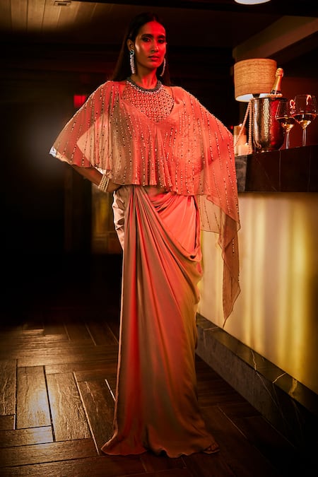 Buy_Babita Malkani_Taupe Satin, Viscose Georgette Draped Skirt Cutwork Blouse And Embellished Cape _Online_at_Aza_Fashions