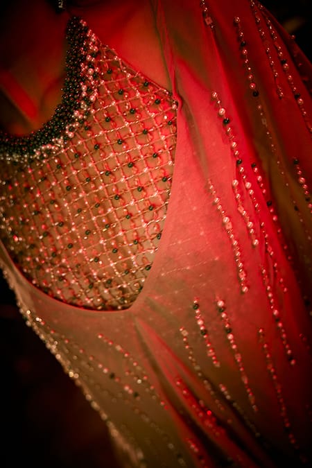 Shop_Babita Malkani_Taupe Satin, Viscose Georgette Draped Skirt Cutwork Blouse And Embellished Cape _Online_at_Aza_Fashions