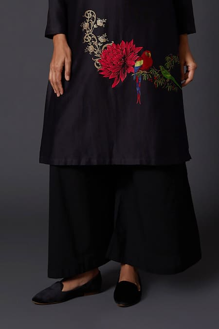 Balance By Rohit Bal Black Chanderi Silk, Cotton Embroidery Mandarin Collar, Tunic With Palazzo Online at Aza Fashions Balance By Rohit Bal_Black Chanderi Silk, Cotton Embroidery Mandarin Collar, Tunic With Palazzo _Online_at_Aza_Fashions